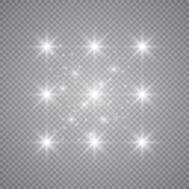 Şeffaf beyaz parlayan ışık patlaması. Işın parıltılarıyla serin efekt dekorasyonu için vektör illüstrasyonu. Parlak yıldız. Şeffaf parlak parlak parıltı, parlak alevler. Parlak desen.