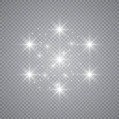 Şeffaf beyaz parlayan ışık patlaması. Işın parıltılarıyla serin efekt dekorasyonu için vektör illüstrasyonu. Parlak yıldız. Şeffaf parlak parlak parıltı, parlak alevler. Parlak desen.