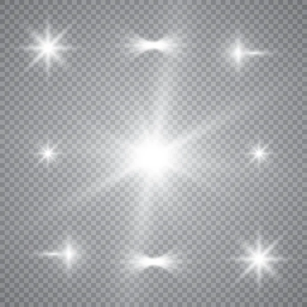 Wit gloeiend licht explosie met transparant. Vector illustratie voor koele effect decoratie met straal sprankelingen. Heldere ster. Transparante glans gradiënt glitter, heldere vlam. Glanzende textuur. — Stockvector