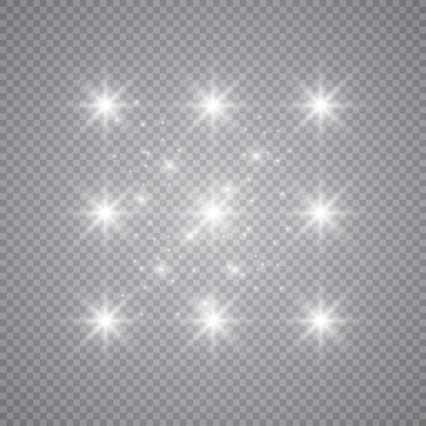 Wit gloeiend licht explosie met transparant. Vector illustratie voor koele effect decoratie met straal sprankelingen. Heldere ster. Transparante glans gradiënt glitter, heldere vlam. Glanzende textuur. — Stockvector