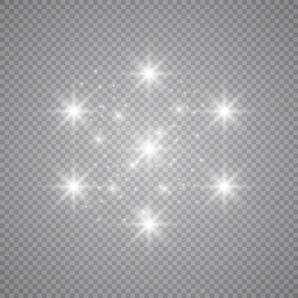 Şeffaf beyaz parlayan ışık patlaması. Işın parıltılarıyla serin efekt dekorasyonu için vektör illüstrasyonu. Parlak yıldız. Şeffaf parlak parlak parıltı, parlak alevler. Parlak desen.