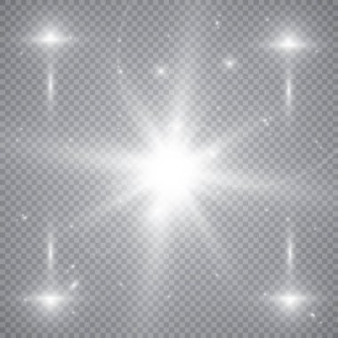 Şeffaf beyaz parlayan ışık patlaması. Işın parıltılarıyla serin efekt dekorasyonu için vektör illüstrasyonu. Parlak yıldız. Şeffaf parlak parlak parıltı, parlak alevler. Parlak desen.