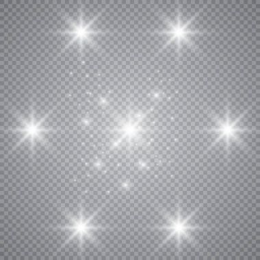 Şeffaf beyaz parlayan ışık patlaması. Işın parıltılarıyla serin efekt dekorasyonu için vektör illüstrasyonu. Parlak yıldız. Şeffaf parlak parlak parıltı, parlak alevler. Parlak desen.