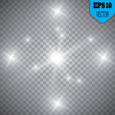 Parlayan ışıklar efekt, parlama, patlama ve yıldızlar. Şeffaf arkaplanda özel efekt izole edildi