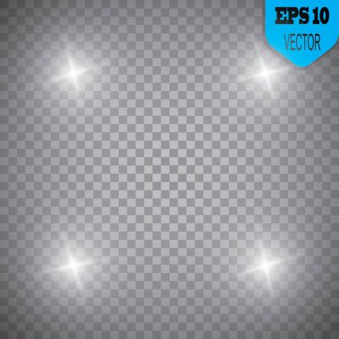 Parlayan ışıklar efekt, parlama, patlama ve yıldızlar. Şeffaf arkaplanda özel efekt izole edildi