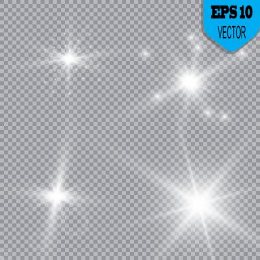 Parlayan ışıklar efekt, parlama, patlama ve yıldızlar. Şeffaf arkaplanda özel efekt izole edildi