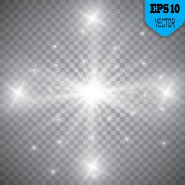 Parlayan ışıklar efekt, parlama, patlama ve yıldızlar. Şeffaf arkaplanda özel efekt izole edildi