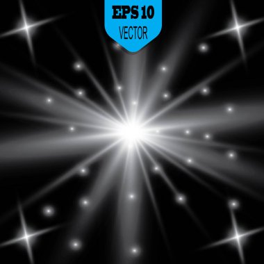 Parlayan ışıklar, yanıp söner, patlamalar ve yıldız etkisi. Özel efekt, arka plan üzerinde siyah izole