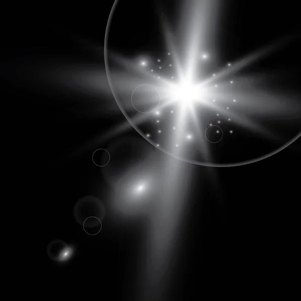Het effect van gloeiende lichten, flash, explosie en sterren. Speciaal effect geïsoleerd op een donkere achtergrond. — Stockvector