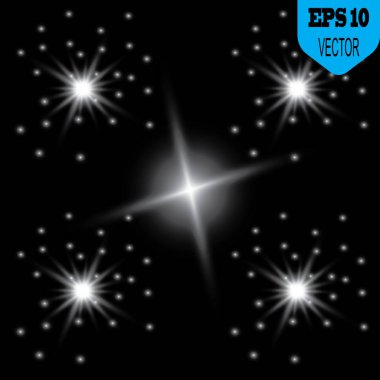 Parlayan ışıklar efekt, parlama, patlama ve yıldızlar. Şeffaf arkaplanda özel efekt izole edildi