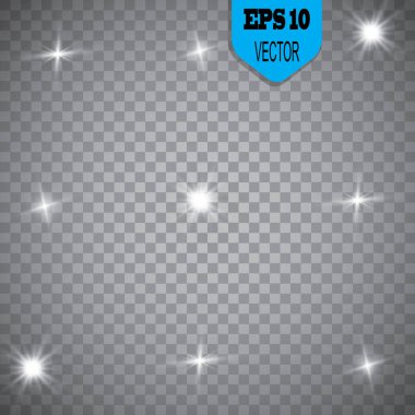 Parlayan ışıklar efekt, parlama, patlama ve yıldızlar. Şeffaf arkaplanda özel efekt izole edildi