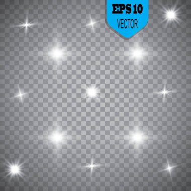 Parlayan ışıklar efekt, parlama, patlama ve yıldızlar. Şeffaf arkaplanda özel efekt izole edildi