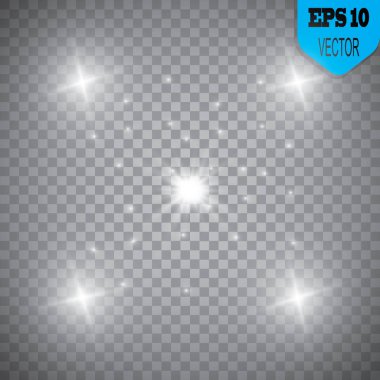 Parlayan ışıklar efekt, parlama, patlama ve yıldızlar. Şeffaf arkaplanda özel efekt izole edildi