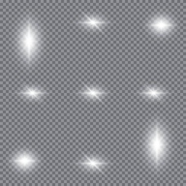 Ekose vektör arka planında şeffaflık ile parlayan ışık efektleri seti. Mercekler, ışınlar, yıldızlar ve bokeh koleksiyonu ile parıltılar