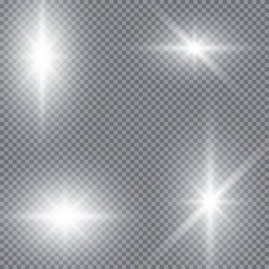Ekose vektör arka planında şeffaflık ile parlayan ışık efektleri seti. Mercekler, ışınlar, yıldızlar ve bokeh koleksiyonu ile parıltılar