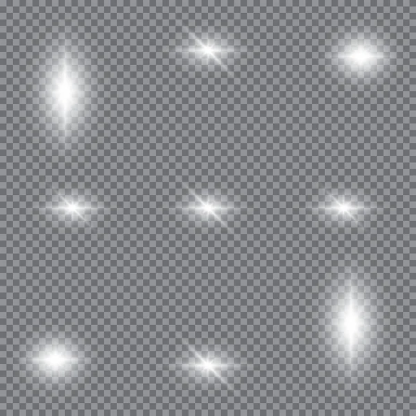 Conjunto de efeitos de luz brilhante com transparência isolada no fundo do vetor xadrez. Flares de lente, raios, estrelas e brilhos com coleção bokeh — Vetor de Stock