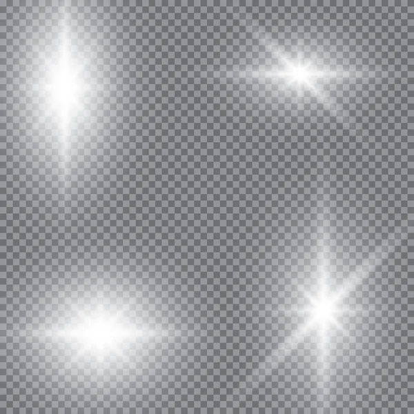 Ekose vektör arka planında şeffaflık ile parlayan ışık efektleri seti. Mercekler, ışınlar, yıldızlar ve bokeh koleksiyonu ile parıltılar