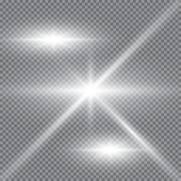 Set van gloeiende lichteffecten met transparantie geïsoleerd op ruitvector achtergrond. Lenzen fakkels, stralen, sterren en glitters met bokeh collectie — Stockvector