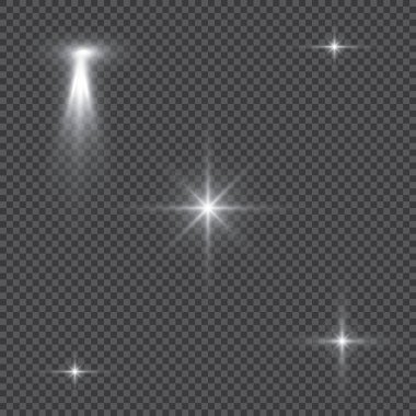 Parlayan ışıklar efekt, parlama, patlama ve yıldızlar. Şeffaf arkaplanda özel efekt izole edildi