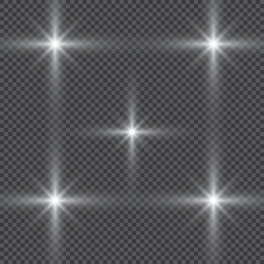 Parlayan ışıklar efekt, parlama, patlama ve yıldızlar. Şeffaf arkaplanda özel efekt izole edildi