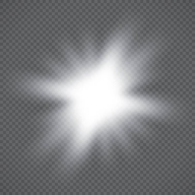Şeffaf beyaz parlayan ışık patlaması. Işın parıltılarıyla serin efekt dekorasyonu için vektör illüstrasyonu. Parlak yıldız. Şeffaf parlak parlak parıltı, parlak alevler. Parlak desen.