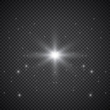 Şeffaf beyaz parlayan ışık patlaması. Işın parıltılarıyla serin efekt dekorasyonu için vektör illüstrasyonu. Parlak yıldız. Şeffaf parlak parlak parıltı, parlak alevler. Parlak desen.