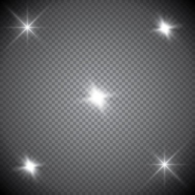 Parlayan ışıklar efekt, parlama, patlama ve yıldızlar. Şeffaf arkaplanda özel efekt izole edildi