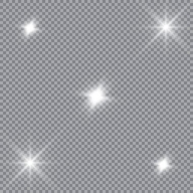 Parlayan ışıklar efekt, parlama, patlama ve yıldızlar. Şeffaf arkaplanda özel efekt izole edildi