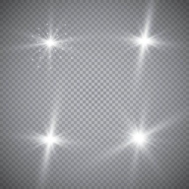 Ekose vektör arka planında şeffaflık ile parlayan ışık efektleri seti. Mercekler, ışınlar, yıldızlar ve bokeh koleksiyonu ile parıltılar