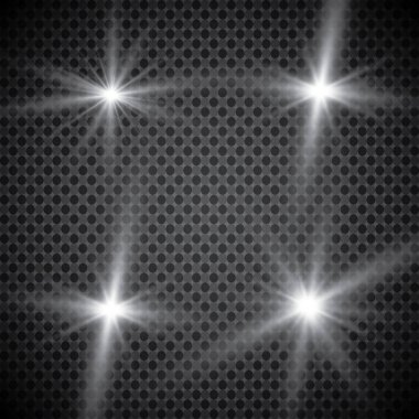 Ekose vektör arka planında şeffaflık ile parlayan ışık efektleri seti. Mercekler, ışınlar, yıldızlar ve bokeh koleksiyonu ile parıltılar