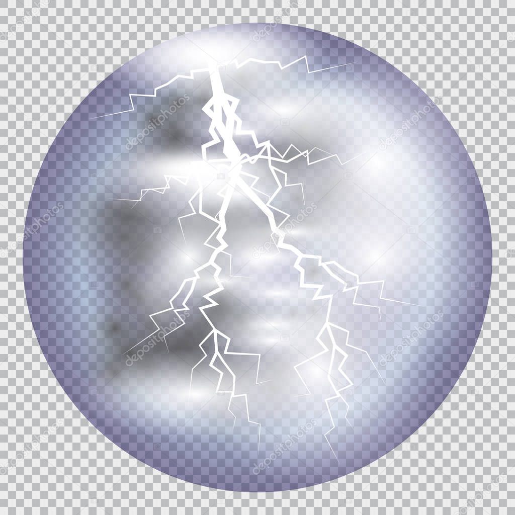Magic crystal ball of glass and lightning White transparent glass sphere on a stand. Vector shining plasma ball on transparent background. Transparent object for design, mock-up