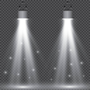 Olay yeri aydınlatma koleksiyonu, şeffaf efektler. Sahne ışıklarıyla parlak ışıklandırma.