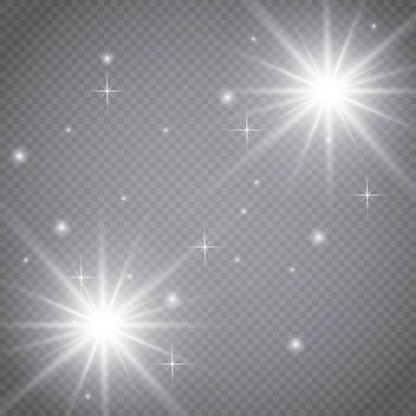 Ekose vektör arka planında şeffaflık ile parlayan ışık efektleri seti. Mercekler, ışınlar, yıldızlar ve bokeh koleksiyonu ile parıltılar