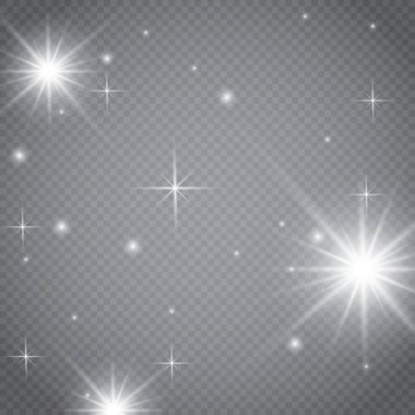 Ekose vektör arka planında şeffaflık ile parlayan ışık efektleri seti. Mercekler, ışınlar, yıldızlar ve bokeh koleksiyonu ile parıltılar