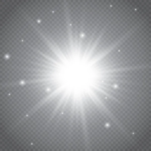 Set von leuchtenden Lichteffekten mit Transparenz isoliert auf kariertem Vektorhintergrund. Linsenfackeln, Strahlen, Sterne und Funkeln mit Bokeh-Kollektion — Stockvektor