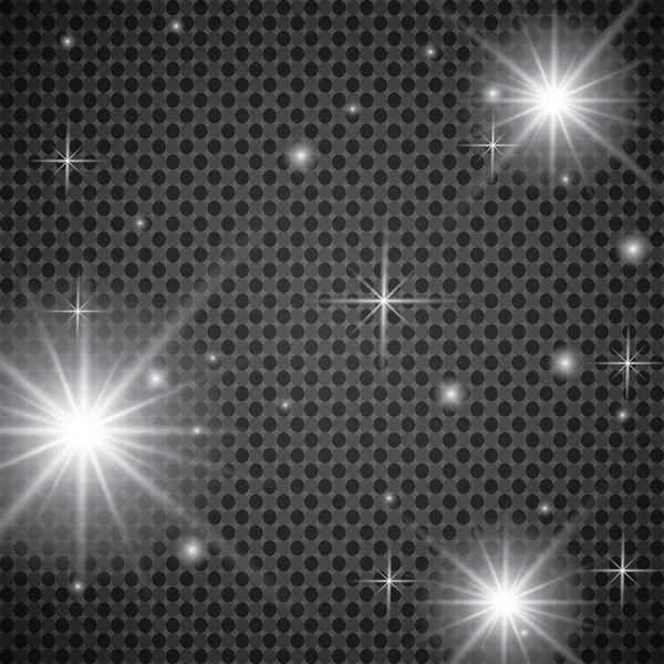 Σύνολο λαμπερά εφέ φωτός με διαφάνεια απομονώνονται σε καρό διάνυσμα φόντο. Φωτοβολίδες, ακτίνες, αστέρια και αστέρες με συλλογή bokeh — Διανυσματικό Αρχείο