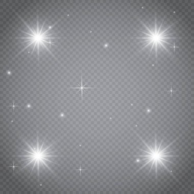 Parlayan ışıklar efekt, parlama, patlama ve yıldızlar. Şeffaf arkaplanda özel efekt izole edildi