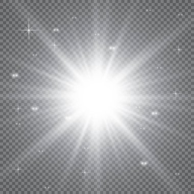 Parlayan ışıklar efekt, parlama, patlama ve yıldızlar. Şeffaf arkaplanda özel efekt izole edildi