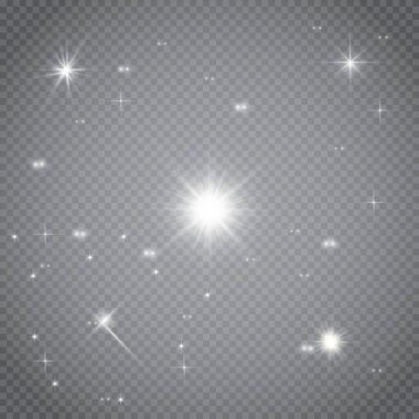 Parlayan ışıklar efekt, parlama, patlama ve yıldızlar. Şeffaf arkaplanda özel efekt izole edildi