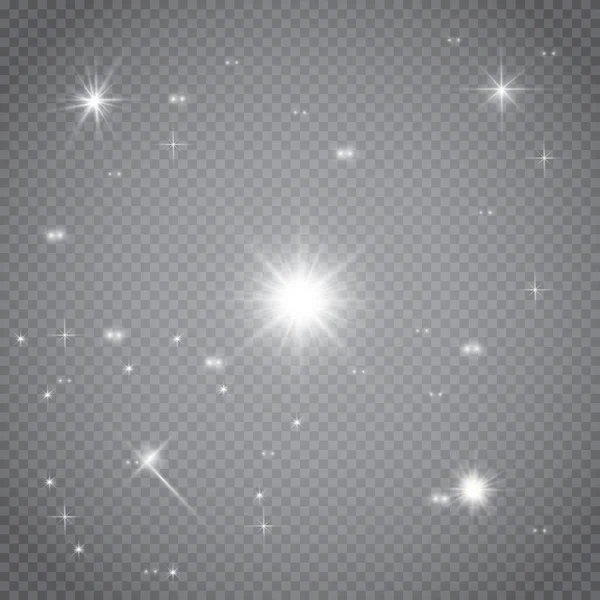 Parlayan ışıklar efekt, parlama, patlama ve yıldızlar. Şeffaf arkaplanda özel efekt izole edildi