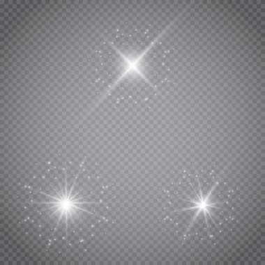 Şeffaf beyaz parlayan ışık patlaması. Işın parıltılarıyla serin efekt dekorasyonu için vektör illüstrasyonu. Parlak yıldız. Şeffaf parlak parlak parıltı, parlak alevler. Parlak desen.