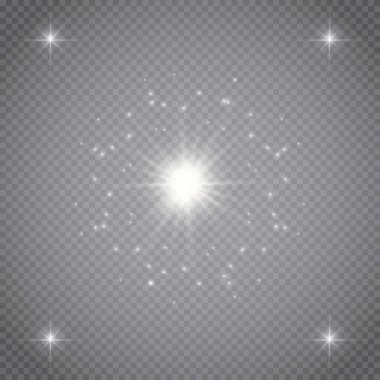 Şeffaf beyaz parlayan ışık patlaması. Işın parıltılarıyla serin efekt dekorasyonu için vektör illüstrasyonu. Parlak yıldız. Şeffaf parlak parlak parıltı, parlak alevler. Parlak desen.
