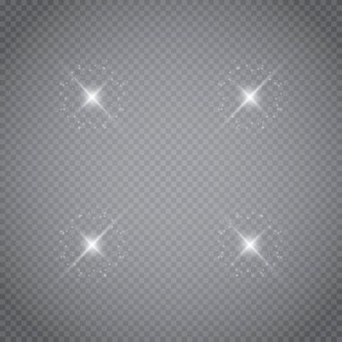 Şeffaf beyaz parlayan ışık patlaması. Işın parıltılarıyla serin efekt dekorasyonu için vektör illüstrasyonu. Parlak yıldız. Şeffaf parlak parlak parıltı, parlak alevler. Parlak desen.
