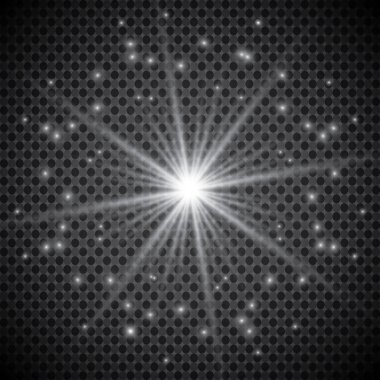 Şeffaf beyaz parlayan ışık patlaması. Işın parıltılarıyla serin efekt dekorasyonu için vektör illüstrasyonu. Parlak yıldız. Şeffaf parlak parlak parıltı, parlak alevler. Parlak desen.