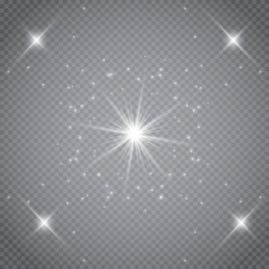 Şeffaf beyaz parlayan ışık patlaması. Işın parıltılarıyla serin efekt dekorasyonu için vektör illüstrasyonu. Parlak yıldız. Şeffaf parlak parlak parıltı, parlak alevler. Parlak desen.