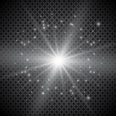Şeffaf beyaz parlayan ışık patlaması. Işın parıltılarıyla serin efekt dekorasyonu için vektör illüstrasyonu. Parlak yıldız. Şeffaf parlak parlak parıltı, parlak alevler. Parlak desen.
