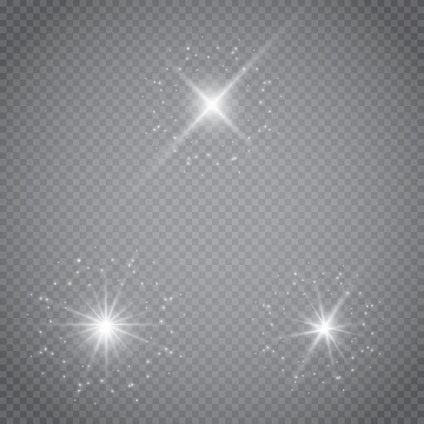 Şeffaf beyaz parlayan ışık patlaması. Işın parıltılarıyla serin efekt dekorasyonu için vektör illüstrasyonu. Parlak yıldız. Şeffaf parlak parlak parıltı, parlak alevler. Parlak desen.