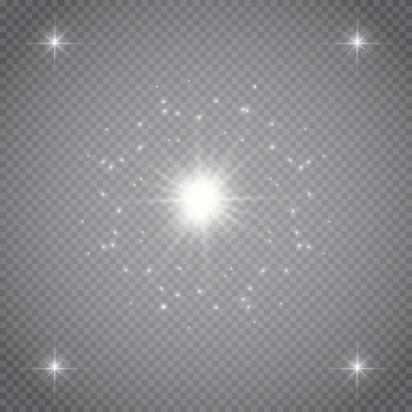 Şeffaf beyaz parlayan ışık patlaması. Işın parıltılarıyla serin efekt dekorasyonu için vektör illüstrasyonu. Parlak yıldız. Şeffaf parlak parlak parıltı, parlak alevler. Parlak desen.