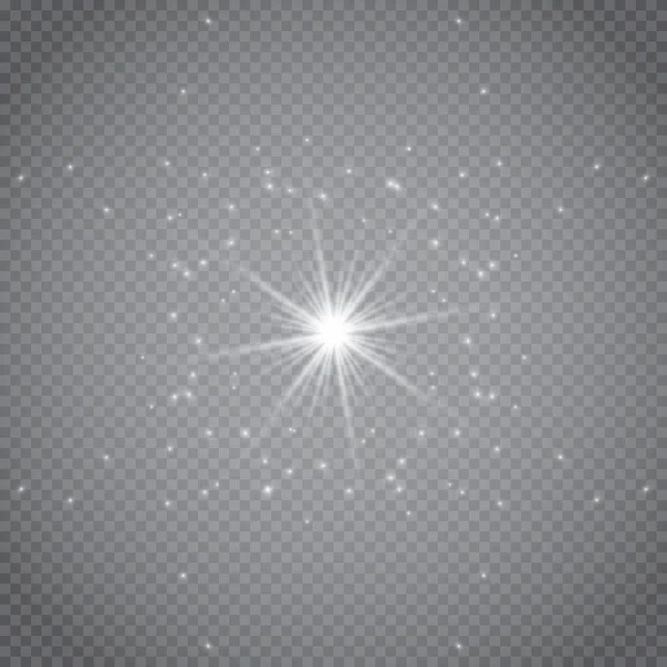 Wit gloeiend licht explosie met transparant. Vector illustratie voor koele effect decoratie met straal sprankelingen. Heldere ster. Transparante glans gradiënt glitter, heldere vlam. Glanzende textuur. — Stockvector