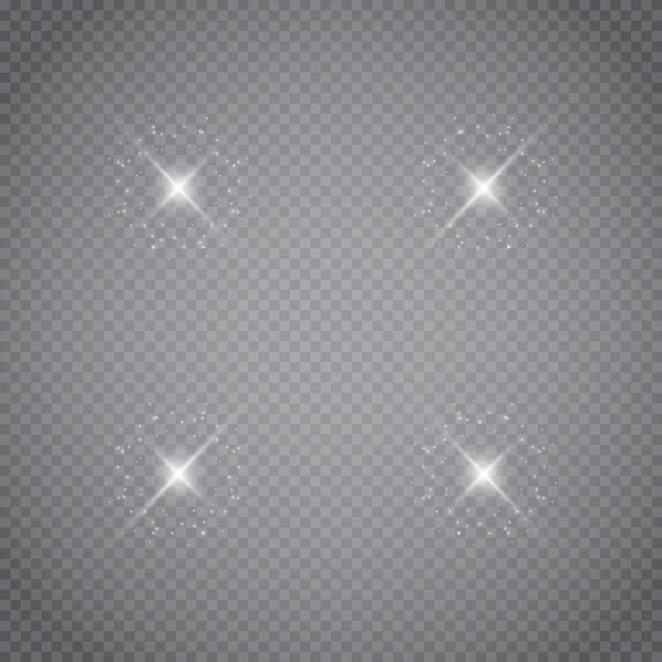 Şeffaf beyaz parlayan ışık patlaması. Işın parıltılarıyla serin efekt dekorasyonu için vektör illüstrasyonu. Parlak yıldız. Şeffaf parlak parlak parıltı, parlak alevler. Parlak desen.